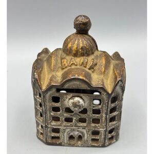Antique Cast Iron Building Still Bank Vintage Domed Architecture Coin Bank 3in